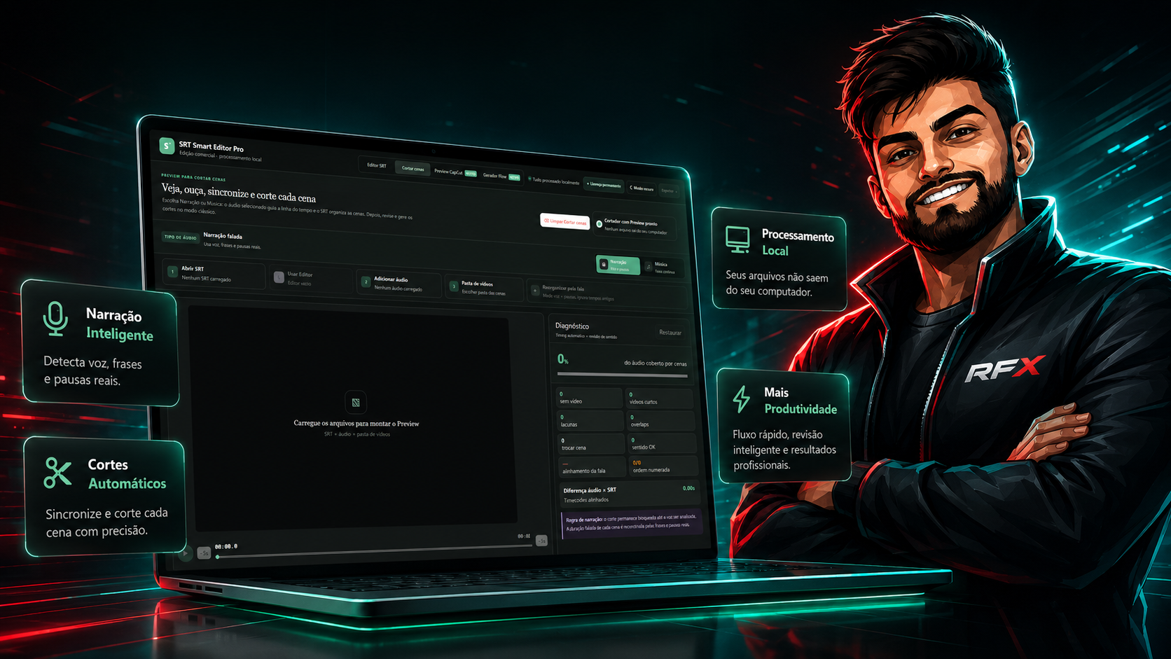 SRT Smart Editor Pro rodando em um notebook, com narração inteligente e cortes automáticos
